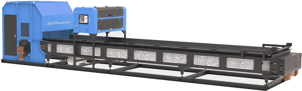 Belt type sorting machine. Belt type is horizontally fed through a conveyor belt.