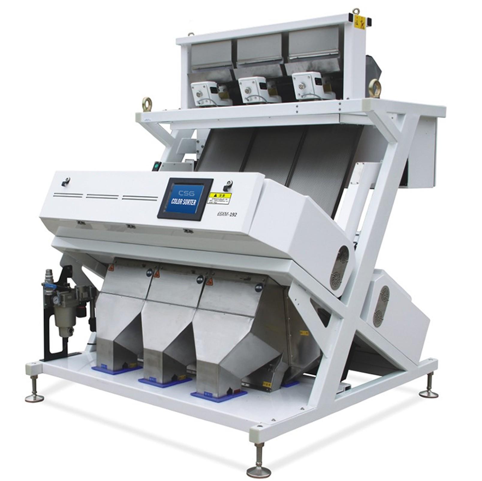 Picture shows 3 Chutes 192 Channels AI NIR Sorting Machine.