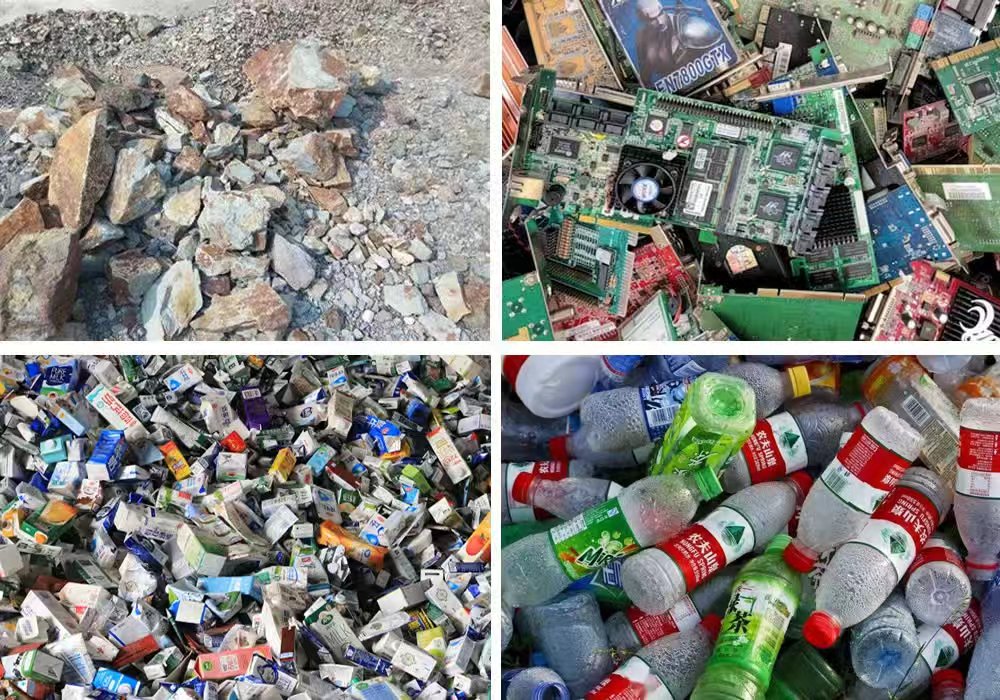 Collage of 4 waste categories: stones, circuit boards, mixed packaging, plastic bottles—common materials for waste sorting.