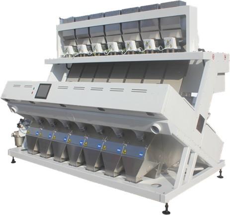 Picture shows 7 Chutes 448 Channels AI NIR Sorting Machine.