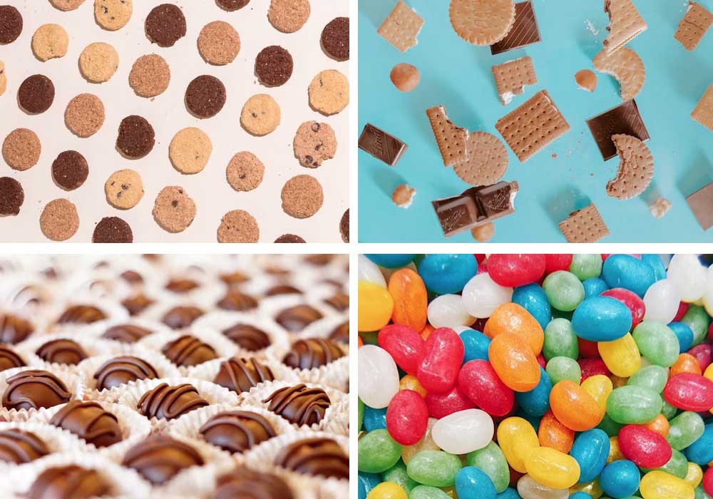 Picture shows various bakery and confectionery products being sorted by color and quality.