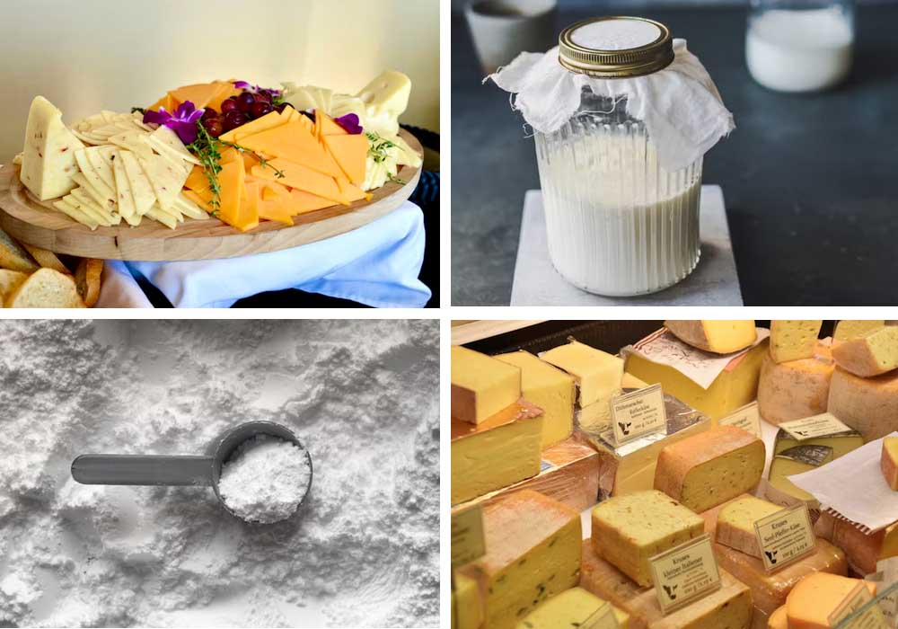 Various dairy products including milk powder and protein powders being sorted