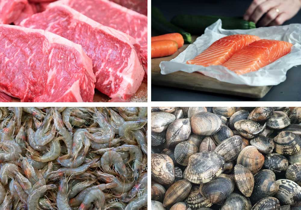 Picture shows various meat and seafood products including beef, fish fillets, and shrimp undergoing color sorting