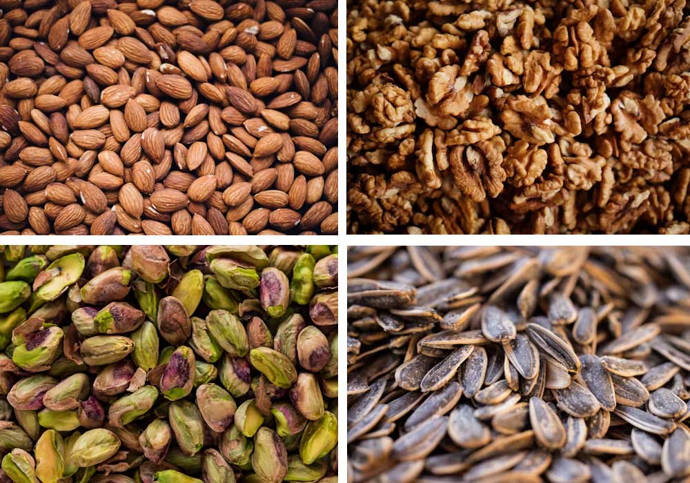 Various nuts and seeds including almonds, walnuts, pistachios and sunflower seeds being processed by color sorter