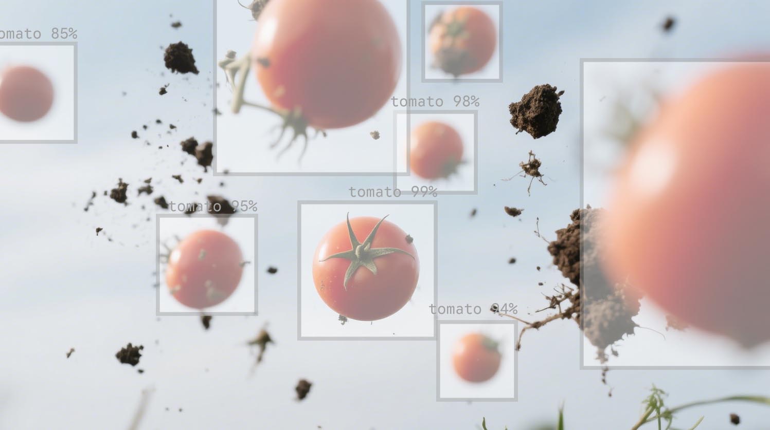 Picture of an optical sensor capturing an image and AI determining what an object is. The image shows a number of tomatoes falling through the air, mixed with dirt. The tomatoes are framed and labeled, and the AI determines the probability of them being tomatoes.