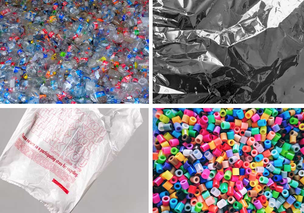 The image shows common plastics: plastic bottles (possibly made of materials such as PET), black plastic film, recyclable shopping bags, and colored plastics.