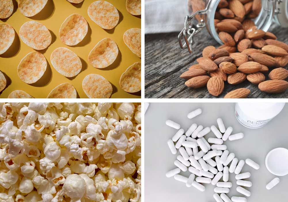 Picture shows various snack foods like chips, nuts, capsule and popcorn being sorted.