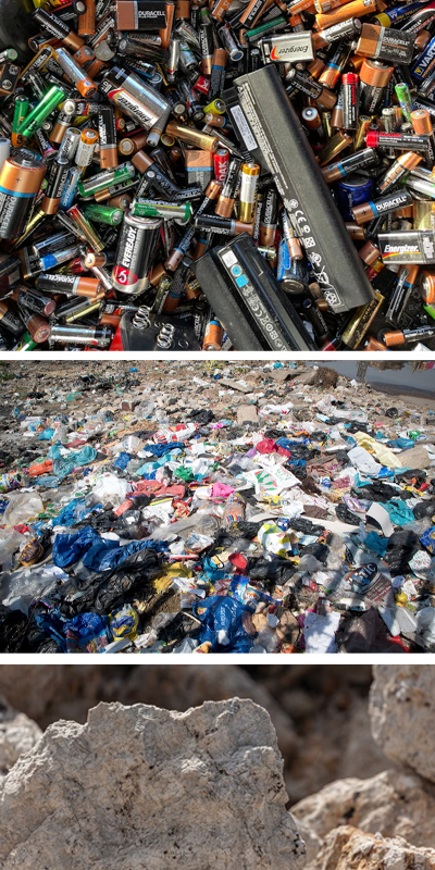 The picture shows the types of feed materials that a laser sorter can handle, such as batteries, plastics and minerals. These can be laser sorted for different characteristics.