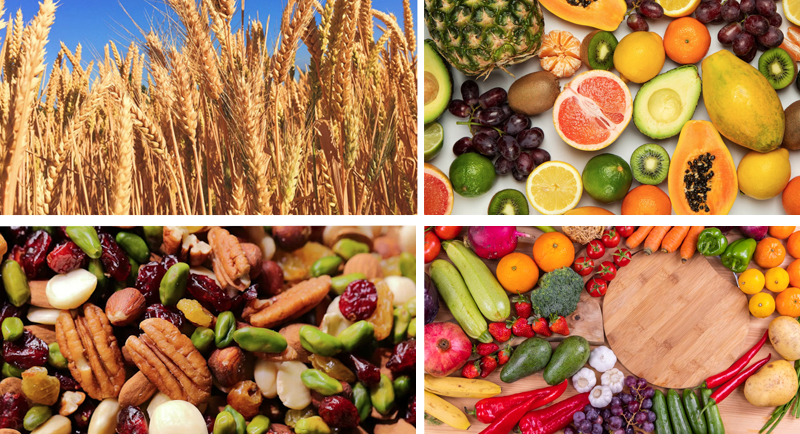 Gains, fruits, vegetables and nuts. These are common inputs for agricultural product sorting.