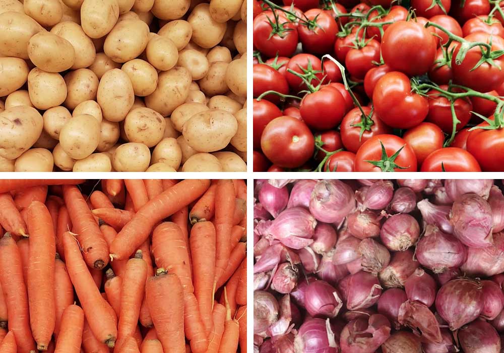 Picture shows various vegetables being sorted by color and quality.