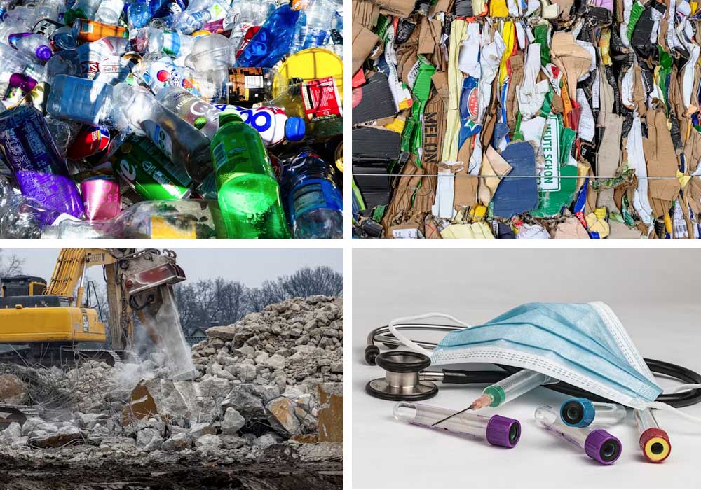 The common garbage shown in the picture includes domestic garbage, construction waste and medical waste. These garbage can be classified and sorted by the sorting machine.
