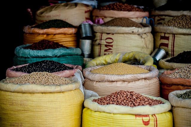 Grains sorted in different bags.