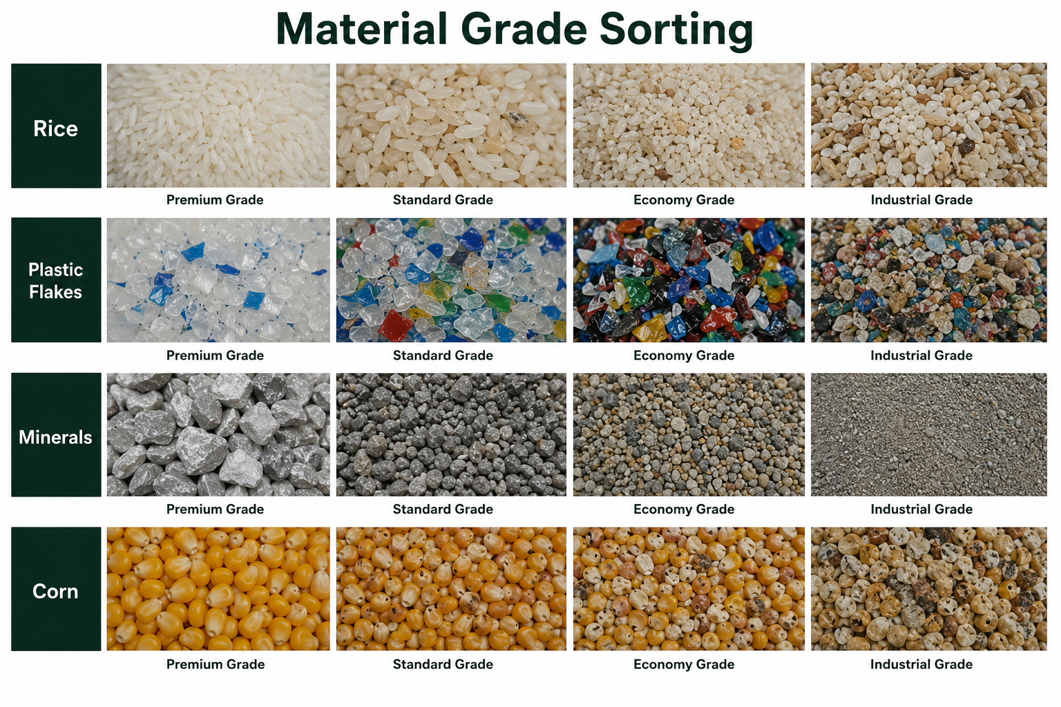 Different material grades including premium, standard, and industrial quality products.